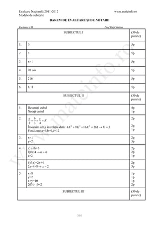 Evaluare Naţională 2011-2012                                                  www.mateinfo.ro
Modele de subiecte
                         BAREM DE EVALUARE ŞI DE NOTARE

Varianta 148                                                          Prof Raţ Cristina
                                    SUBIECTUL I                                           (30 de
                                                                                          puncte)

1.     0                                                                                  5p




                                                         ro
2.     3                                                                                  5p

3.     x=1                                                                                5p




                                                      o.
4.     20 cm                                                                              5p




                                          nf
5.     216                                                                                5p

6.     8,11                                                                               5p
                                ei
                                    SUBIECTUL II                                          (30 de
                                                                                          puncte)
                      at
1.     Desenaţi cubul                                                                     4p
       Notaţi cubul                                                                       1p
 .m

2.      a b c                                                                             2p
         = = = K
        2 3 4
       Înlocuim a,b,c in relaţia dată: 4 K 2 + 9 K 2 + 16 K 2 = 261 → K = 3               2p
       Finalizare a=6,b=9,c=12                                                            1p
w



3.     x=1                                                                                2p
       y=2                                                                                3p
w




4.     a) a+b=6                                                                           2p
       f(0)=4 → b =4                                                                      2p
       a=2                                                                                1p
w




       b)f(x)=2x+4                                                                        2p
       2x+4=8 → x =2                                                                      3p

5      x=8                                                                                1p
       y=2                                                                                1p
       x+y=10                                                                             1p
       20% ⋅ 10=2                                                                         2p

                                   SUBIECTUL III                                          (30 de
                                                                                          puncte)




                                               395
 