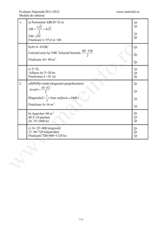 Evaluare Naţională 2011-2012                            www.mateinfo.ro
Modele de subiecte

1.    a) Perimetrul ABCD=32 m                                      1p
             l 2                                                   1p
      = = 4 2
      OB
              2
                                                                   1p
      VB= 41                                                       2p
      Finalizare L=57,6 m <60

      b)Al=4 ⋅ AVBC                                                1p
                                              BC ⋅ VM




                                                   ro
      Calculul ariei lui VBC folosind formula                      2p
                                                 2
                           2
      Finalizare Al= 80 m
                                                                   2p




                                                o.
      c) T=2L                                                      1p
      Aflarea lui T=20 lei                                        1p
      Finalizarea L=10 lei                                         3p

2.
       Aromb =
                d1 ⋅ d 2
                  2
                                     nf
      a)MNPQ=romb (diagonale perpediculare)                        2p

                                                                   1p
                               ei
                     l
      Diagonala2= ( linie mijlocie  AMB )                         1p
                     2
      Finalizare A=16 m 2
                    at
                                                                   1p

      b) Aparchet=48 m 2                                           2p
      48:2=24 pachete                                              1p
 .m

      24 ⋅ 75=1800 lei                                             2p

      c) 16 ⋅ 25=400 lei(gresie)                                   2p
      12 ⋅ 60=720 lei(parchet)                                     2p
      Finalizare 720+400=1120 lei                                  1p
w
w
w




                                          396
 