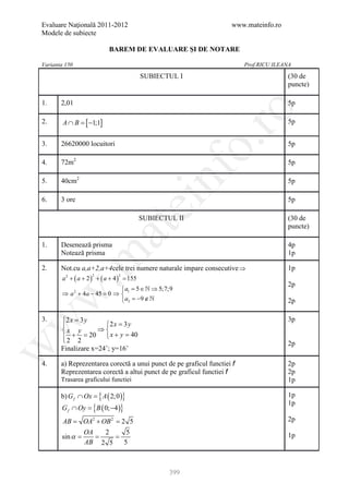Evaluare Naţională 2011-2012                                        www.mateinfo.ro
Modele de subiecte

                            BAREM DE EVALUARE ŞI DE NOTARE

Varianta 150                                                             Prof.RICU ILEANA

                                           SUBIECTUL I                                 (30 de
                                                                                       puncte)

1.     2,01                                                                            5p




                                                             ro
2.      A ∩ B =−1;1]
               [                                                                       5p




                                                          o.
3.     26620000 locuitori                                                              5p

4.     72m2                                                                            5p

5.

6.
       40cm2

       3 ore
                                               nf                                      5p

                                                                                       5p
                                       ei
                                           SUBIECTUL II                                (30 de
                                                                                       puncte)
                         at
1.     Desenează prisma                                                                4p
       Notează prisma                                                                  1p
 .m

2.     Not.cu a,a+2,a+4cele trei numere naturale impare consecutive ⇒                  1p
       a + ( a + 2) + ( a + 4) =
         2           2          2
                               155
                                                                                       2p
                        a =5 ∈  ⇒ 5;7;9
       ⇒ a + 4a − 45 =  1
                     0⇒
w


               2

                        a2 =−9 ∉                                                     2p

3.     2 x = 3 y                                                                      3p
w




                     2 x = 3 y
       x y         ⇒
       2 + 2 =   20  x + y =  40
                                                                                      2p
w




       Finalizare x=24˚; y=16˚

4.     a) Reprezentarea corectă a unui punct de pe graficul functiei f                 2p
       Reprezentarea corectă a altui punct de pe graficul functiei f                   2p
       Trasarea graficului functiei                                                    1p

       b) G f ∩ Ox =( 2;0 )}
                   {A                                                                  1p
                                                                                       1p
       G f ∩ Oy
              =       {B ( 0; −4 )}
        AB =       OA2 + OB 2 = 2 5                                                    2p
                   OA  2               5
       sin α
         =         = =                                                                 1p
                   AB 2 5             5



                                                   399
 