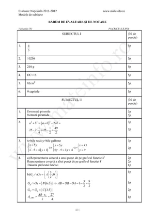 Evaluare Naţională 2011-2012                                        www.mateinfo.ro
Modele de subiecte

                          BAREM DE EVALUARE ŞI DE NOTARE

Varianta 151                                                             Prof.RICU ILEANA

                                         SUBIECTUL I                                   (30 de
                                                                                       puncte)

1.      4                                                                              5p




                                                           ro
        3

2.     10236                                                                           5p




                                                        o.
3.     210 g                                                                           5p

4.     OC=16                                                                           5p

5.     81cm2

                                             nf                                        5p
                                  ei
6.     9 capitole                                                                      5p

                                         SUBIECTUL II                                  (30 de
                       at
                                                                                       puncte)

1.     Desenează piramida                                                              3p
 .m

       Notează piramida                                                                2p

2.       a 2 + b 2 = ( a + b ) − 2ab =                                                 3p
                           2


                 1      1 49
         25 − 2 ⋅ = 25 − =                                                             2p
w



                 4      2 2

3.     x=bile rosii;y=bile galbene                                                     3p
w




        x = 5= 5= 45
              y            x     y            x
                         ⇔                   ⇔                                      2p
        x − 5 4 ( y + 1)
            =              5 y − 5 = 4 y + 4  y = 9
w




4.     a) Reprezentarea corectă a unui punct de pe graficul functiei f                 2p
       Reprezentarea corectă a altui punct de pe graficul functiei f                   2p
       Trasarea graficului functiei                                                    1p

                     3                                                             1p
       b) G f ∩ Ox = ;0  
                   A
                     2 
       Gg ∩ Ox =( 6;0 )} ⇒ AB =OB − OA = 6 −
               {B                                       3 9
                                                         =                             1p
                                                        2 2
       G f ∩ Gg =( 3;3)}
                {C                                                                     2p
                 AB ⋅ yC 27
      =
      A ABC     =                                                                     1p
                   2      4


                                                 401
 