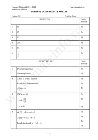 Barem Culegere evaluare nationala 2012