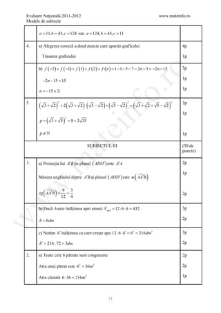 Evaluare Naţională 2011-2012                                                        www.mateinfo.ro
Modele de subiecte

      = 11, b 45, c 124 sau a 124, b 45, c 11
       a = =              =     = =

4.     a) Alegerea corectă a două puncte care aparţin graficului                                    4p

           Trasarea graficului                                                                      1p

       b) f ( −2 ) + f ( −1) + f (1) + f ( 2 ) + f ( n ) = − 1 − 5 − 7 − 2n − 3 = 2n − 15
                                                          1                      −                  3p




                                                                ro
                                                                                                    1p
           −2n − 15 =
                    15
                                                                                                    1p




                                                             o.
       n =15 ∈ 
          −

5
       (           )            (       )(          ) (            ) =(                     )       3p
                       2                                           2                            2
            3+ 2           +2       3+ 2 ⋅    5− 2 +        5− 2              3+ 2+ 5− 2




                                                 nf
                                                                                                    1p
               (            )
                                2
        p= + 5
          3                         =2 15
                                    8+
                                        ei
        p∉                                                                                         1p
                            at
                                             SUBIECTUL III                                          (30 de
                                                                                                    puncte)
 .m

1.     a) Proiecţia lui A′B pe planul ( ADD′ ) este A′A                                             2p


                                                                          (     )
                                                                                                    1p
       Măsura unghiului dintre A′B şi planul ( ADD′ ) este m 
                                                             AA′B
w



       tg (
          AA′B
             =     )        9 3
                            =
                           12 4
                                                                                                    2p
w




       b) Dacă h este înălţimea apei atunci Vapă = 12 ⋅ 6 ⋅ h = 432                                 3p

                                                                                                    2p
w




       h = 6dm

       c) Notăm h′ înălţimea cu care creşte apa 12 ⋅ 6 ⋅ h′ = 63 = 216dm3                           3p

      h′ =
     = 216 : 72 3dm                                                                                 2p

2.     a) Toate cele 6 pătrate sunt congruente                                                      2p

       Aria unui pătrat este 62 = 36m 2                                                             2p

       Aria căutată 6 ⋅ 36 = 2
                           216m                                                                     1p




                                                       51
 