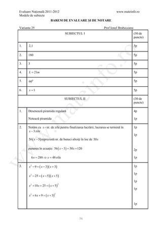 Evaluare Naţională 2011-2012                                                www.mateinfo.ro
Modele de subiecte
                            BAREM DE EVALUARE ŞI DE NOTARE

Varianta 25                                                        Prof Ionel Brabeceanu
                                           SUBIECTUL I                                     (30 de
                                                                                           puncte)

1.    2,1                                                                                  5p




                                                             ro
2.    180                                                                                  5p

3.    3                                                                                    5p




                                                          o.
4.     L = 21m                                                                             5p




                                               nf
5.    600                                                                                  5p

6.     x =1                                                                                5p
                                           ei
                                           SUBIECTUL II                                    (30 de
                                                                                           puncte)
                         at
1.    Desenează piramida regulată                                                          4p
 .m

      Notează piramida                                                                     1p

2.    Notăm cu x - nr. de zile pentru finalizarea lucrării; lucrarea se termină în         1p
      x − 3 zile
                                                                                           1p
w



      56 ( x − 3) reprezintă nr. de butuci altoiţi în loc de 50x

      punerea în ecuaţie: 56 ( x − 3) = 50 x + 120
w




                                                                                           2p

          6 x= 288 ⇒ x= 48 zile                                                            1p
w




3.     x2 − 9 =   ( x − 3)( x + 3)                                                         1p

                                                                                           1p
       x 2 − 25 = ( x − 5 )( x + 5 )
                                                                                           1p
       x + 10 x + 25 = ( x + 5 )
          2                            2

                                                                                           1p

       x2 + 6 x + 9 =   ( x + 3)
                                   2




                                                                                           1p



                                                   56
 