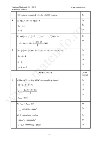 Evaluare Naţională 2011-2012                                          www.mateinfo.ro
Modele de subiecte

       128 costume reprezintă 16% din cele 800 costume                           2p

4.     a) A ( 2,3) ∈ G f ⇔ f ( 2 ) =
                                   3                                             2p

                                                                                 2p
        2m + 1 =3
                                                                                 1p
        m =1




                                                             ro
       b) f ( 0 ) = 1 ; f (1) = 2 ; f ( 2 ) = 3 ; ….. f ( 69 ) = 70              2p




                                                          o.
                                                                                 3p
        1+ 2 + 3=
                +  + 69
                             (1 + 69 ) ⋅ 69
                                =             2415
                                     2




                                              nf
5       x −1 − 2 x − 2 + 5x − 5 = x −1 − 2 x −1 + 5 x −1 = 4 x −1                2p

                                                                                 1p
        4 x −1 =4
                                  ei
                                                                                 1p
        x −1 =
             1
                                                                                 1p
                        at
        x =0;x = 2
 .m

                                         SUBIECTUL III                           (30 de
                                                                                 puncte)

1.     a) Dacă CE ⊥ AB ⇒ ∆BEC - dreptunghic şi isoscel                           2p
w



        AB = 2 + 3 + 2 = 7 m                                                     1p


        AABCD =
                  ( AB + CD ) ⋅ CE                                               1p
w




                         2
                                                                                 1p
        AABCD = 10m 2
w




       b) Vbeton AABCD ⋅ BB′
          =                                                                      3p

                                                                                 2p
        Vbeton = ⋅100 =
                10     1000m3

     = densitatea × volum
     c) G                                                                        2p

        1000m3 = 1000000dm3                                                      2p

        G=
         2,5 ⋅1000000 Kg =
                         2500t                                                   1p




                                                     64
 