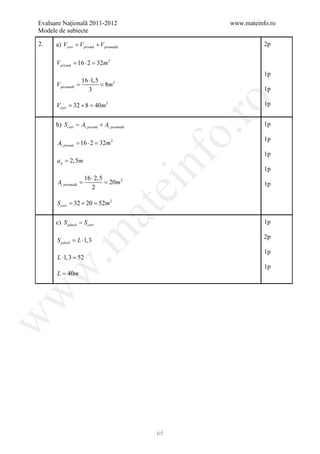 Evaluare Naţională 2011-2012                    www.mateinfo.ro
Modele de subiecte

2.    a) = V prismă + V piramidă
         Vcort                                             2p

      V prismă = 16 ⋅ 2 = 32m3
                                                           1p
                16 ⋅1,5
      V= = 8m3
       piramidă
                   3                                       1p




                                                 ro
      Vcort = 32 + 8 = 40m3                                1p


      b) Scort Al prismă + Al piramidă
       =                                                   1p




                                              o.
                                                           1p
      Al prismă = 16 ⋅ 2 = 32m 2
                                                           1p




                                         nf
      a p = 2,5m
                                                           1p
                   16 ⋅ 2,5
      Al=           = 20m 2
        piramidă
                      2
                                   ei                      1p

      Scort = 32 + 20 = 52m 2
                        at
      c) S pânză = Scort                                   1p
 .m

                                                           2p
      S pânză= L ⋅1,3
                                                           1p
      L ⋅1,3 =
             52
                                                           1p
w



      L = 40m
w
w




                                         65
 