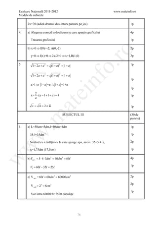Evaluare Naţională 2011-2012                                        www.mateinfo.ro
Modele de subiecte

      2x=70 (adică drumul dus-întors parcurs pe jos)                           1p

4.    a) Alegerea corectă a două puncte care aparţin graficului                4p

        Trasarea graficului                                                    1p

      b) x=0 ⇒ f(0)=-2; A(0,-2)                                                2p




                                                       ro
        y=0 ⇒ f(x)=0 ⇒ 2x-2=0 ⇒ x=1,B(1,0)                                     3p




                                                    o.
5         1 − 2a + a 2 = (1 − a ) 2 = − a
                                     1                                         1p


          1 + 2a + a 2 = (1 + a ) 2 = + a
                                     1




                                            nf
                                                                               1p
        a>1 ⇒ 1 − a =a-1; 1 + a =1+a
                                                                               1p
          2
                                ei
        x= ⋅ (a − 1 + 1 + a ) =4                                               1p
          a
                       at
         x=    4= 2 ∈                                                         1p

                                    SUBIECTUL III                              (30 de
 .m

                                                                               puncte)

1.    a) L=50cm=5dm,l=40cm=4dm                                                 1p
w


        35 l =35dm 3                                                           1p

        Notând cu x înălţimea la care ajunge apa, avem: 35=5·4·x,              2p
w




        x=1,75dm (17,5cm)                                                      1p
w




      b) Vac v = 5 ⋅ 4 ⋅ 3dm3 = 60dm3 = 60l                                    4p

                                                                               1p
        V1 = 60l − 35l = 25l


      c) V acv= 60dm3 60000cm3
              = 60l =                                                          2p

                                                                               2p
        V cub 2= 8cm3
           = 3
                                                                               1p
        Vor intra 60000:8=7500 cubuleţe




                                              76
 
