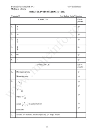Evaluare Naţională 2011-2012                                           www.mateinfo.ro
Modele de subiecte
                           BAREM DE EVALUARE ŞI DE NOTARE

Varianta 35                                                   Prof. Bulgăr Delia Valentina
                                     SUBIECTUL I                                    (30 de
                                                                                    puncte)

1.     3                                                                            5p
       2




                                                      ro
2.    10                                                                            5p




                                                   o.
3.     1                                                                            5p
       6




                                         nf
4.     4                                                                            5p
       5

5.    60
                                 ei                                                 5p

6.    14                                                                            5p
                         at
                                    SUBIECTUL II                                    (30 de
                                                                                    puncte)
 .m

1.    Desenează prisma                                                              4p

      Notează prisma                                                                1p
w



2.             1                                                                    1p
      3 −2 =
               9
                                                                                    1p
w




                1
      2−4 =
               16
w




                                                                                    1p
                 5
      obţine a=
                12

                   1 5 1                                                            1p
      aduce         , , la acelaşi numitor
                   3 12 2
                                                                                    1p
      finalizare

3.    Notând 2n= numărul poşetelor (n ∈  ), x = preţul poşetei




                                             84
 