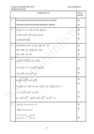 Evaluare Naţională 2011-2012                                                  www.mateinfo.ro
Modele de subiecte

                                         SUBIECTUL II                                    (30 de
                                                                                         puncte)

1.    Desenează trunchiul de piramida patrulatera regulată                               4p

      Notează trunchiul de piramida patrulatera regulată                                 1p

2.    ( a, b ) = 11 ⇒ a = 11k , b = 11l , ( k , l ) = 1                                  2p




                                                                    ro
                                                                                         1p
      2 ⋅11k + 5 ⋅11l 176 ⇒ 2k + 5l 16
                    =             =




                                                                 o.
                                                                                         2p
      ( a, b ) ∈ {( 33, 22 )}

3.    5∙(3a+4b+c) =5∙14 ⇒ 15a + 20b +5c = 70                                             2p

      15a + 20b +5c – (2a-b+3c) = 70-9


                                                 nf                                      2p

      13a + 21b + 2c = 61
                                         ei                                              1p

4.
           (                    ) =2 7 )
                                  (3 +
                                                                                         2p
                                 2           2
      a)       37 + 12 7
                           at
                                         (       )
                                                     2
      37 + 12 7 = 32 + 2 ⋅ 3 ⋅ 2 7 + 2 7                                                 2p
 .m

                                                                                         1p
      37 + 12 7 =12 7 + 28
                9+


               (3 − 2 7 )
                                                                                         2p
w


                            2
      b)                         = 7
                                 3− 2
                                                                                         1p
      3 < 2 7 ⇒ 3− 2 7 < 0 ⇒ 3− 2 7 = 3− 2 7 = 7 −3
                                     −                      (             )
w



                                              2


      x = 2 7 + 2 7 −3 =7
        3+             4                                                                 1p
w




      (x − 4          )              (           )
                                                                                         1p
                                                            =)
                                                            ( −1
                          2012                       2012
                  7 −1           = 7 − 4 7 −1                             =
                                                                   2012
                                  4                                       1


5      f ( −1) = −2 ⇒ −a + b = −5                                                        1p

                                                                                         1p
       f (1) = 4 ⇒ a + b = 3

      −a + b = 5,
                −   a =4
                  ⇔                                                                    2p
      a + b =3     b = 1
                        −




                                                            90
 
