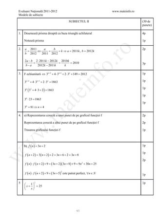 Evaluare Naţională 2011-2012                                                    www.mateinfo.ro
Modele de subiecte

                                                       SUBIECTUL II                               (30 de
                                                                                                  puncte)

1.   Desenează prisma dreaptă cu baza triunghi echilateral                                        4p

     Notează prisma                                                                               1p

2.   a 2011   a    b                                                                              2p




                                                                         ro
     =      ⇔ =     = k ⇒= 2011k , = 2012k
                         a         b
     b 2012  2011 2012

     2a − b 2 ⋅ 2011k − 2012k 2010k
     =                  = = 2010




                                                                      o.
                                                                                                  3p
     b−a     2012k − 2011k      k

3.   F echiunitară ⇔ 3n + 2 + 4 ⋅ 3n +1 + 2 ⋅ 3n + 149 =2012                                      1p

     3n + 2 + 4 ⋅ 3n +1 + 2 ⋅ 3n =

     3n ( 32 + 4 ⋅ 3 + 2 ) =
                                 1863


                                                       nf                                         1p

                                                                                                  1p
                            1863
                                       ei
                                                                                                  1p
     3n ⋅ 23 =
             1863
                           at
                                                                                                  1p
     3 = 81 ⇒ n = 4
      n
 .m

4.   a) Reprezentarea corectă a unui punct de pe graficul funcţiei f                              2p

     Reprezentarea corectă a altui punct de pe graficul funcţiei f                                2p

     Trasarea graficului funcţiei f                                                               1p
w
w




     b) f ( n= 3n + 2
             )                                                                                    1p

                                                                                                  1p
     f ( n + 2 ) = 3 ( n + 2 ) + 2 = 3n + 6 + 2 = 3n + 8
w




                                                                                                  2p
     f ( n ) ⋅ f ( n + 2 ) + 9=   ( 3n + 2 )( 3n + 8) + 9=    9n + 30n + 25
                                                                  2




     f ( n) ⋅ f ( n + 2) + 9
                           =      ( 3n + 5)       este patrat perfect, ∀n ∈ N
                                              2
                                                                                                  1p

5      1
               2                                                                                  1p
     x+  =
           25
       x




                                                             93
 