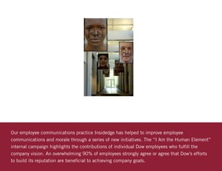 Our employee communications practice Insidedge has helped to improve employee
communications and morale through a series of new initiatives. The “I Am the Human Element”
internal campaign highlights the contributions of individual Dow employees who fulfill the
company vision. An overwhelming 90% of employees strongly agree or agree that Dow’s efforts
to build its reputation are beneficial to achieving company goals.
 