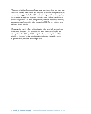 The recent variability of immigrant flows creates uncertainty about how many new
arrivals are expected in the future. Our analysis of the available immigration data is
summarized in Appendix D. To establish a baseline to predict future immigration,
we carried out a Delphi-like projection exercise—where evidence is collected in
rounds, using surveys—in April 2011, gathering the expert opinion of 10 leading
demographers and economists in the immigration field. Our own opinions were
excluded and not revealed.

On average, the experts believe net immigration in the future will rebound from
its low point during the Great Recession. But it will not reach the heights pre-
viously attained in 2001. By 2015 the experts believe net immigration will be
roughly 89 percent of its peak in 2001, or 1.04 million per year, and by 2025,
97 percent of the peak, or 1.15 million per year.




7   Center for American Progress | Assimilation Tomorrow: Immigrant Integration by 2030
 
