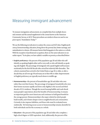 Measuring immigrant advancement

To measure immigration advancement, we compiled data from multiple decen-
nial censuses and the annual supplement to the census known as the American
Community Survey, or ACS. These procedures are similar to those we used in our
prior report, “Assimilation Today.”11

We use the following six indicators to analyze the census and ACS data: English profi-
ciency, homeownership, education, living above the poverty line, better earnings, and
naturalization to citizens. All measure factors that bring gains to the nation as a whole.
With the exception of professional occupation, these are the same indicators in our
earlier report.12 In its place, we have added a variable on poverty, as described below:

•	 English proficiency—the percent of the population age 20 and older who self-
    identify as speaking English either well or very well, or who self-identify as speak-
    ing only English. The percentage of immigrants who speak English well increases
    moderately for the first full decade after arrival but relatively little thereafter. The
    cohorts examined here arrived in the United States at age 20 or older, so after a
    decade they are all over age 30 and many are in their 40s or older. Improvements
    in English proficiency are typically much slower in middle age.

•	 Homeownership—the percent of householders age 20 and older who own
   rather than rent their homes. The percentage of immigrant households who own
   their homes increases rapidly and slows only slightly in the second and third
   decade of U.S. residence. Though the recent housing bubble and crash shook
   many people’s expectations about the benefits of homeownership, it remains
   an important goal for most Americans and continues to hold great benefit for
   the average person. Homeownership is the major vehicle by which people
   build wealth, and it fosters deeper roots in neighborhoods and communities.
   Certainly it also imposes liabilities, and those risks must be evaluated more
   realistically. Yet fostering secure access to homeownership remains desirable for
   both individuals and for the economy as a whole.

•	 Education—the percent of the population age 20 and older who complete a
   high school degree or GED equivalent. And, additionally, the percent of the

8    Center for American Progress | Assimilation Tomorrow: Immigrant Integration by 2030
 