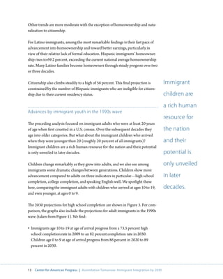 Other trends are more moderate with the exception of homeownership and natu-
ralization to citizenship.

For Latino immigrants, among the most remarkable findings is their fast pace of
advancement into homeownership and toward better earnings, particularly in
view of their relative lack of formal education. Hispanic immigrants’ homeowner-
ship rises to 69.2 percent, exceeding the current national average homeownership
rate. Many Latino families become homeowners through steady progress over two
or three decades.

Citizenship also climbs steadily to a high of 56 percent. This final projection is         Immigrant
constrained by the number of Hispanic immigrants who are ineligible for citizen-
ship due to their current residency status.                                                children are
                                                                                           a rich human
Advances by immigrant youth in the 1990s wave
                                                                                           resource for
The preceding analysis focused on immigrant adults who were at least 20 years
of age when first counted in a U.S. census. Over the subsequent decades they               the nation
age into older categories. But what about the immigrant children who arrived
when they were younger than 20 (roughly 20 percent of all immigrants)?                     and their
Immigrant children are a rich human resource for the nation and their potential
is only unveiled in later decades.                                                         potential is
Children change remarkably as they grow into adults, and we also see among                 only unveiled
immigrants some dramatic changes between generations. Children show more
advancement compared to adults on three indicators in particular—high school               in later
completion, college completion, and speaking English well. We spotlight these
here, comparing the immigrant adults with children who arrived at ages 10 to 19,           decades.
and even younger, at ages 0 to 9.

The 2030 projections for high school completion are shown in Figure 3. For com-
parison, the graphs also include the projections for adult immigrants in the 1990s
wave (taken from Figure 1). We find:

•	 Immigrants age 10 to 19 at age of arrival progress from a 73.5 percent high
   school completion rate in 2009 to an 82 percent completion rate in 2030.
   Children age 0 to 9 at age of arrival progress from 86 percent in 2020 to 89
   percent in 2030.




13   Center for American Progress | Assimilation Tomorrow: Immigrant Integration by 2030
 