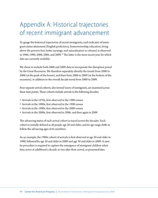 Appendix A: Historical trajectories
of recent immigrant advancement
To gauge the historical trajectories of recent immigrants, each indicator of immi-
grant status attainment (English proficiency, homeownership, education, living
above the poverty line, better earnings, and naturalization to citizens) is observed
in 1980, 1990, 2000, 2006, and 2009.18 The latter is the most recent year for which
data are currently available.

We chose to include both 2006 and 2009 data to incorporate the disruption posed
by the Great Recession. We therefore separately identify the trends from 2000 to
2006 (at the peak of the boom), and then from 2006 to 2009 (at the bottom of the
recession), in addition to the overall decade trend from 2000 to 2009.

Four separate arrival cohorts, also termed waves of immigrants, are examined across
these time points. These cohorts include arrivals in the following decades:

•	 Arrivals in the 1970s, first observed in the 1980 census
•	 Arrivals in the 1980s, first observed in the 1990 census
•	 Arrivals in the 1990s, first observed in the 2000 census
•	 Arrivals in the 2000s, first observed in 2006, and then again in 2009

The advancing status of each arrival cohort is traced across the decades. Each
cohort is initially defined as all people age 20 and older, and its age range shifts to
follow the advancing ages of its members.

As an example, the 1980s cohort of arrivals is first observed at age 20 and older in
1990, followed by age 30 and older in 2000 and age 39 and older in 2009. A simi-
lar procedure is required to capture the emergence of immigrant children when
they arrive at adulthood a decade or two after their arrival, as presented later.




17   Center for American Progress | Assimilation Tomorrow: Immigrant Integration by 2030
 