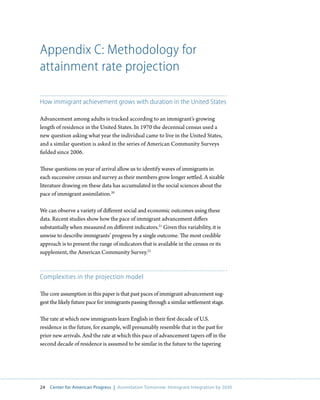 Appendix C: Methodology for
attainment rate projection

How immigrant achievement grows with duration in the United States

Advancement among adults is tracked according to an immigrant’s growing
length of residence in the United States. In 1970 the decennial census used a
new question asking what year the individual came to live in the United States,
and a similar question is asked in the series of American Community Surveys
fielded since 2006.

These questions on year of arrival allow us to identify waves of immigrants in
each successive census and survey as their members grow longer settled. A sizable
literature drawing on these data has accumulated in the social sciences about the
pace of immigrant assimilation.20

We can observe a variety of different social and economic outcomes using these
data. Recent studies show how the pace of immigrant advancement differs
substantially when measured on different indicators.21 Given this variability, it is
unwise to describe immigrants’ progress by a single outcome. The most credible
approach is to present the range of indicators that is available in the census or its
supplement, the American Community Survey.22



Complexities in the projection model

The core assumption in this paper is that past paces of immigrant advancement sug-
gest the likely future pace for immigrants passing through a similar settlement stage.

The rate at which new immigrants learn English in their first decade of U.S.
residence in the future, for example, will presumably resemble that in the past for
prior new arrivals. And the rate at which this pace of advancement tapers off in the
second decade of residence is assumed to be similar in the future to the tapering




24   Center for American Progress | Assimilation Tomorrow: Immigrant Integration by 2030
 
