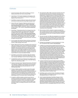 Endnotes

1    Samuel P. Huntington, Who Are We? The Challenges to America’s           13 The upswing from 2000 to 2006, as previously mentioned, stems from
     National Identity (New York: Simon & Schuster, 2004).                      the switch from decennial census to American Community Survey
                                                                                measurements. The upswing occurs in all waves of immigrants and
2    Aaron Terrazas, “The Economic Integration of Immigrants in the             therefore does not appear to represent a real change in status achieve-
     United States: Long- and Short-Term Perspectives” (Washington:             ment. From 2006 to 2009 there is a subsequent small downturn in
     Migration Policy Institute, 2011).                                         status achievement among all immigrant waves. It is not certain if this
                                                                                is another slight change in the measurement post-2006. The major
3    Dowell Myers, Immigrants and Boomers: Forging a New Social Contract        competing explanation would be that better educated immigrants are
     for the Future of America (New York: Russell Sage Foundation, 2007).       emigrating, returning to their home countries or elsewhere, because
                                                                                they can take better advantage of their higher education during the
4    Hung-Ju Chen and I-Hsiang Fan, “Migration, Social Security, and            Great Recession outside the United States. This outmigration is far more
     Economic Growth, unpublished, 2011, available at http://mpra.              likely to occur, however, among immigrants from more recent waves
     ub.uni-muenchen.de/30251/; Kjetil Storesletten, “Sustaining Fiscal         who are not firmly settled. In fact, we see evidence that the downturn
     Policy Through Immigration” (Stockholm, Institute for International        occurs equally for immigrants settled since the 1970s and 1980s as
     Economic Studies, 1999), available at http://folk.uio.no/kjstore/pa-       for arrivals in the 1990s and 2000s. That suggests a change in survey
     pers/sfpti.pdf.                                                            measurement that is broad based.

5    Dowell Myers, “Thinking Ahead About Our Immigrant Future: New           14 We use earnings of $100 as a baseline, to separate out people who
     Trends and Mutual Benefits in Our Aging Society” (Washington:              earn no money, and thus can show no change over time. Separately we
     Immigration Policy Center, 2008); Giovanni Peri, “Immigration              have calculated earnings for women, with similar results, but we focus
     and Cities,” VoxEU, 2007, available at http://www.voxeu.org/index.         on men because they have been the longtime bellwether studied by
     php?q=node/734; Rakesh Kochhar, Ana Gonzalez-Barrera, and Dan-             labor economists.
     iel Dockterman, “Through Boom and Bust: Minorities, Immigrants,
     and Homeownership” (Washington: Pew Hispanic Center, 2009);             15 The cohort of arrivals in the 2000s will undoubtedly be the most affected
     Joint Center for Housing Studies of Harvard University, “The State of      by factors such as the economic downturn. Still, it is too early to make
     the Nation’s Housing” (2010).                                              robust projections for this group, and instead we have chosen to focus
                                                                                on the 1990s cohort, the largest group of immigrants, and also one for
6    See, for example: Tyler Anbinder, Nativism and Slavery: The Northern       which we have ample data.
     Known Nothings and the Politics of the 1850s (Oxford: Oxford Univer-
     sity Press, 1994); Huntington, Who Are We?                              16 That figure has only dropped to 9.1 percent by September 2011. Data
                                                                                from: “Unemployment Rate,” available at http://data.bls.gov.
7    Between 2000 and 2010, the nation is estimated to have received 10.3
     million new immigrant arrivals, and the total foreign-born population   17 In addition to our assessment that immigrants lack the resources, con-
     expanded to an estimated 12.9 percent to 13.2 percent of the nation’s      tacts, and networks of support enjoyed by the native born who are much
     population. The most recent American Community Survey (2010)               longer resident, Orrenius and Zavodny suggest a few other explana-
     reported 12.9 percent foreign born; however, the California Demo-          tions for immigrant vulnerability to downturn, emphasizing that most
     graphic Futures, or CDF, model controlled to the 2010 census counts        immigrants have less education and lower skills, and that those groups
     suggests that his share could be as high as 13.2 percent. The absence      are hit hardest by downturn. (In fact, in the current downturn, low-skilled
     of immigration data from the 2010 census, unlike past censuses, now        immigrants were heavily concentrated in construction, which suffered
     requires reliance on surveys and analytical estimates.                     the greatest collapse.) Orrenius and Zavodny point out, however, that
                                                                                college-educated immigrants also suffered more than their native-born
8    Dowell Myers and John Pitkin, “Assimilation Today: New Evidence            peers, consistent with our interpretation of greater resources and
     Shows the Latest Immigrants to America Are Following in Our His-           network support among the native born due to their longer residence
     tory’s Footsteps” (Washington: Center for American Progress, 2010).        and deeper networks. See: Pia M. Orrenius and Madeline Zavodny, “Tied
                                                                                to the Business Cycle: How Immigrants Fare in Good and Bad Economic
9    Campbell Gibson and Kay Jung, “Historical Census Statistics on the         Times” (Washington: Migration Policy Institute, 2009).
     Foreign-Born Population of the United States, 1850-2000.” Working
     Paper 81 (U.S. Census Bureau, 2006).                                    18 In general, we find that measurements taken from the four different
                                                                                censuses or surveys are in fact very consistently defined. Two exceptions
10 American Community Survey, “Selected Characteristics of the Native           that were identified in “Assimilation Today” pertain to measurement of
   and Foreign-Born Populations, 2010 American Community Survey                 high school completion and English proficiency in the American Com-
   1-Year Estimates,” available at: http://factfinder2.census.gov/faces/        munity Survey. Relative to the previous census benchmarks, high school
   tableservices/jsf/pages/productview.xhtml?pid=ACS_10_1YR_                    completion appears to be higher by a few percentage points, while
   S0501&prodType=table                                                         speaking English well appears to be lower by a few percentage points.
                                                                                The discontinuity was discussed in “Assimilation Today,” p. 17 and 31-32,
11 The latter is fielded monthly for a complete sample of the resident          and is visible in Figures 2, 3, and 5 of that report. As before, we have
   population in the United States. This survey replaces the detailed           not adjusted for these discontinuities but call attention to them where
   socioeconomic questions formerly asked in the decennial census and           relevant. Myers and Pitkin, “Assimilation Today.”
   is designed to yield survey estimates that are consistent with those
   from the censuses. For more information about the ACS and our as-         19 Dowell Myers, Xin Gao, and Amon Emeka, “The Gradient of Immigrant
   sessment of its consistency with the decennial census, please see the        Age-at-Arrival Effects on Socioeconomic Outcomes in the U.S.,” Interna-
   Methodology section in our previous report, “Assimilation Today.”            tional Migration Review 43 (1) (2009): 205–229.

12 Occupation is a difficult variable to include, because there are          20   See, for example: George Borjas, “Assimilation, Changes in Cohort
   hundreds of individual codes for different occupations. The occupa-            Quality, and the Earnings of Immigrants,” Journal of Labor Economics
   tion variable we previously analyzed was categorized to represent              3 (4) (1985): 463–489; Dowell Myers and Seong Woo Lee, “Immigrant
   “professional” occupations. This was overly broad and tracked                  Trajectories into Homeownership: A Temporal Analysis of Residential
   closely with possession of a B.A. degree, so little was added to the           Assimilation,” International Migration Review 32 (3) (1998): 593–625; John
   assimilation analysis. Accordingly, we elected to omit this variable           Pitkin and Dowell Myers, “A Summary Period of Measure of Immigrant
   from analysis.                                                                 Advancement in the U.S.,” Demographic Research 24 (12) 2011): 257–292.




32     Center for American Progress | Assimilation Tomorrow: Immigrant Integration by 2030
 