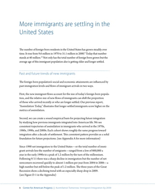 More immigrants are settling in the
United States

The number of foreign-born residents in the United States has grown steadily over
time. It rose from 9.6 million in 1970 to 31.1 million in 2000.9 Today that number
stands at 40 million.10 Not only has the total number of foreign born grown but the
average age of this immigrant population also is getting older and longer settled.



Past and future trends of new immigrants

The foreign-born population’s social and economic attainments are influenced by
past immigration levels and flows of immigrant arrivals in two ways.

First, the new immigrant flows account for the size of today’s foreign-born popula-
tion, and the relative size of new flows of immigrants can shift the proportion
of those who arrived recently or who are longer settled. Our previous report,
“Assimilation Today,” illustrates that longer-settled immigrants score higher on the
metrics of assimilation.

Second, we can create a sound empirical basis for projecting future integration
by studying how previous immigrants integrated into American life. We see
consistent trajectories of assimilation in immigrants who arrived in the 1970s,
1980s, 1990s, and 2000s. Each cohort shows roughly the same progress toward
integration after a decade of settlement. This consistent pattern provides us a solid
foundation for future projections. (see Appendix A for more information)

Since 1990 net immigration to the United States—or the total number of immi-
grant arrivals less the number of emigrants—ranged from a low of 800,000 a
year in the early 1990s to a peak of 1.2 million by the turn of the millennium.
Following 9/11 there was a sharp decline in immigration but the number of net
newcomers recovered quickly to almost 1 million per year from 2004 to 2006—a
high number but still below the peak of 1.2 million. The three years of the Great
Recession show a declining trend with an especially sharp drop in 2009.
(see Figure D-1 in the Appendix)



6   Center for American Progress | Assimilation Tomorrow: Immigrant Integration by 2030
 