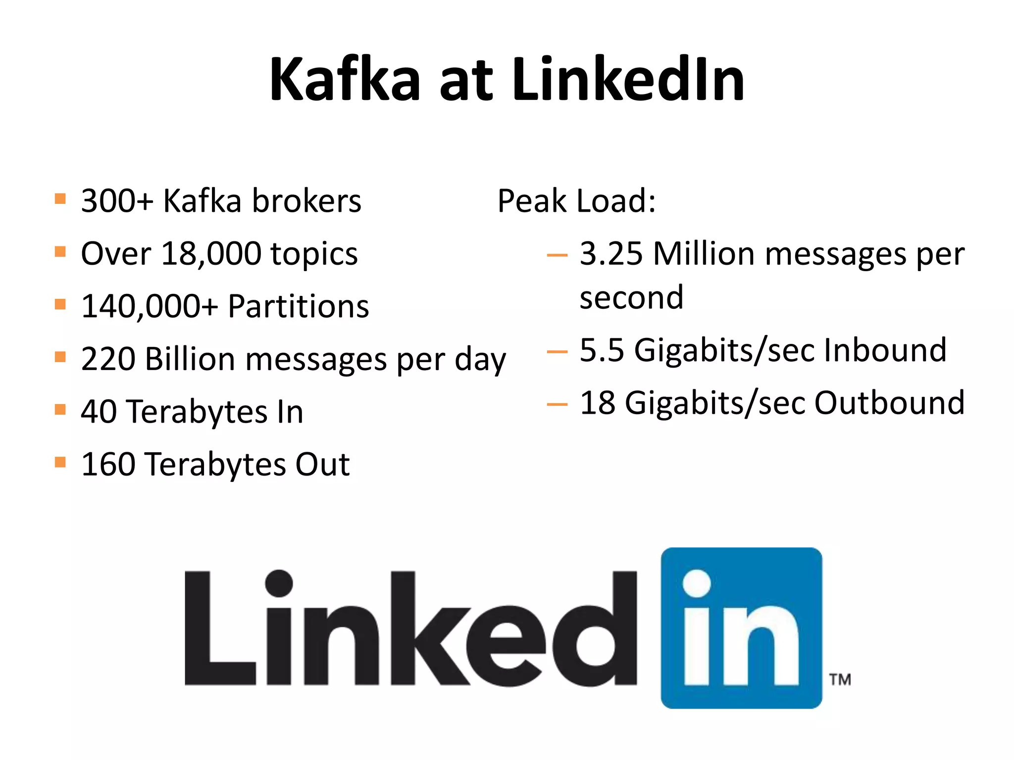 Kafka at LinkedIn
 300+ Kafka brokers
 Over 18,000 topics
 140,000+ Partitions
 220 Billion messages per day
 40 Terabytes In
 160 Terabytes Out
Peak Load:
– 3.25 Million messages per
second
– 5.5 Gigabits/sec Inbound
– 18 Gigabits/sec Outbound
 