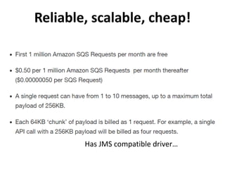 Reliable, scalable, cheap!
Has JMS compatible driver…
 