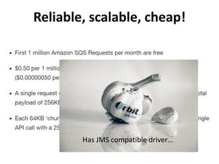 Reliable, scalable, cheap!
Has JMS compatible driver…
 