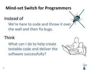 Instead of
We’re here to code and throw it over
the wall and then fix bugs.
Think
What can I do to help create
testable code and deliver the
software successfully?
19
 