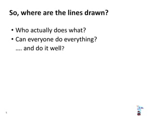 • Who actually does what?
• Can everyone do everything?
…. and do it well?
5
 