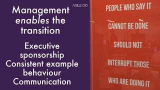 Executive
sponsorship
Consistent example
behaviour
Communication
Management
enables the
transition
 