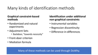 Many kinds of identification methods
Graphical constraint-based
methods
• Randomized and natural
experiments
• Adjustment Sets
• Backdoor, “towards necessity”
• Front-door criterion
• Mediation formula
Identification under additional
non-graphical constraints
• Instrumental variables
• Regression discontinuity
• Difference-in-differences
Many of these methods can be used through DoWhy.
 