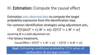 III. Estimation: Compute the causal effect
Estimation uses observed data to compute the target
probability expression from the Identification step.
For common identification strategies using adjustment sets,
𝐸[𝑌|𝑑𝑜 𝑇 = 𝑡 , 𝑊 = 𝑤]= 𝐸 𝑌 𝑇 = 𝑡, 𝑊 = 𝑤
assuming W is a valid adjustment set.
• For binary treatment,
Causal Effect = 𝐸 𝑌 𝑇 = 1, 𝑊 = 𝑤 − 𝐸 𝑌 𝑇 = 0, 𝑊 = 𝑤
Goal: Estimating conditional probability Y|T=t when all
confounders W are kept constant.
 