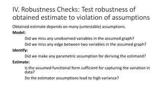 IV. Robustness Checks: Test robustness of
obtained estimate to violation of assumptions
Obtained estimate depends on many (untestable) assumptions.
Model:
Did we miss any unobserved variables in the assumed graph?
Did we miss any edge between two variables in the assumed graph?
Identify:
Did we make any parametric assumption for deriving the estimand?
Estimate:
Is the assumed functional form sufficient for capturing the variation in
data?
Do the estimator assumptions lead to high variance?
 