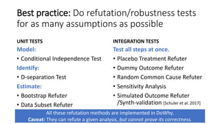 Best practice: Do refutation/robustness tests
for as many assumptions as possible
UNIT TESTS
Model:
• Conditional Independence Test
Identify:
• D-separation Test
Estimate:
• Bootstrap Refuter
• Data Subset Refuter
INTEGRATION TESTS
Test all steps at once.
• Placebo Treatment Refuter
• Dummy Outcome Refuter
• Random Common Cause Refuter
• Sensitivity Analysis
• Simulated Outcome Refuter
/Synth-validation [Schuler et al. 2017]
All these refutation methods are implemented in DoWhy.
Caveat: They can refute a given analysis, but cannot prove its correctness.
 