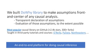We built DoWhy library to make assumptions front-
and-center of any causal analysis.
- Transparent declaration of assumptions
- Evaluation of those assumptions, to the extent possible
Most popular causal library on GitHub (>2.4k stars, 300+ forks)
Taught in third-party tutorials and courses: O’Reilly, PyData, Northeastern, …
An end-to-end platform for doing causal inference
 