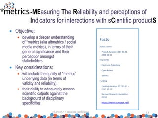 -MEasuring The Reliability and perceptions of
Indicators for interactions with sCientific productS
 Objective:
 develop a deeper understanding
of *metrics (aka altmetrics / social
media metrics), in terms of their
general significance and their
perception amongst
stakeholders.
 Key considerations:
 will include the quality of *metrics’
underlying data (in terms of
validity and reliability),
 their ability to adequately assess
scientific outputs against the
background of disciplinary
specificities.
23-25.05.17 WikiCite Conference 13
Facts
Status: active
Project duration: 2017-01-01 -
2018-12-31
Key words
Electronic Publishing
Open Access
Metrics
Funding
Funding duration 2017-01-01 –
2019-12-31
German Research Foundation
(DFG)
https://metrics-project.net/
 