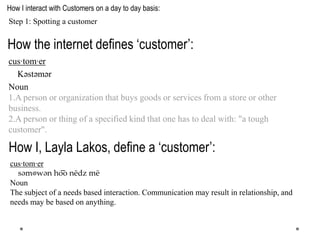 cus·tom·er
Kəstəmər
Noun
1.A person or organization that buys goods or services from a store or other
business.
2.A person or thing of a specified kind that one has to deal with: "a tough
customer".
How the internet defines ‘customer’:
How I, Layla Lakos, define a ‘customer’:
cus·tom·er
səmˌwən ho͞o nēdz mē
Noun
The subject of a needs based interaction. Communication may result in relationship, and
needs may be based on anything.
How I interact with Customers on a day to day basis:
Step 1: Spotting a customer
 
