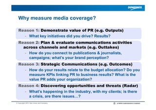Why measure media coverage?

  Reason 1: Demonstrate value of PR (e.g. Outputs)
    - What key initiatives did you drive? ...