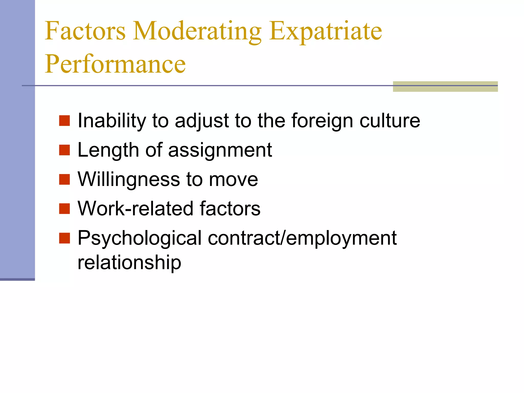 Factors Moderating Expatriate
Performance
  Inability to adjust to the foreign culture
  Length of assignment
  Willingness to move
  Work-related factors
  Psychological contract/employment
   relationship
 