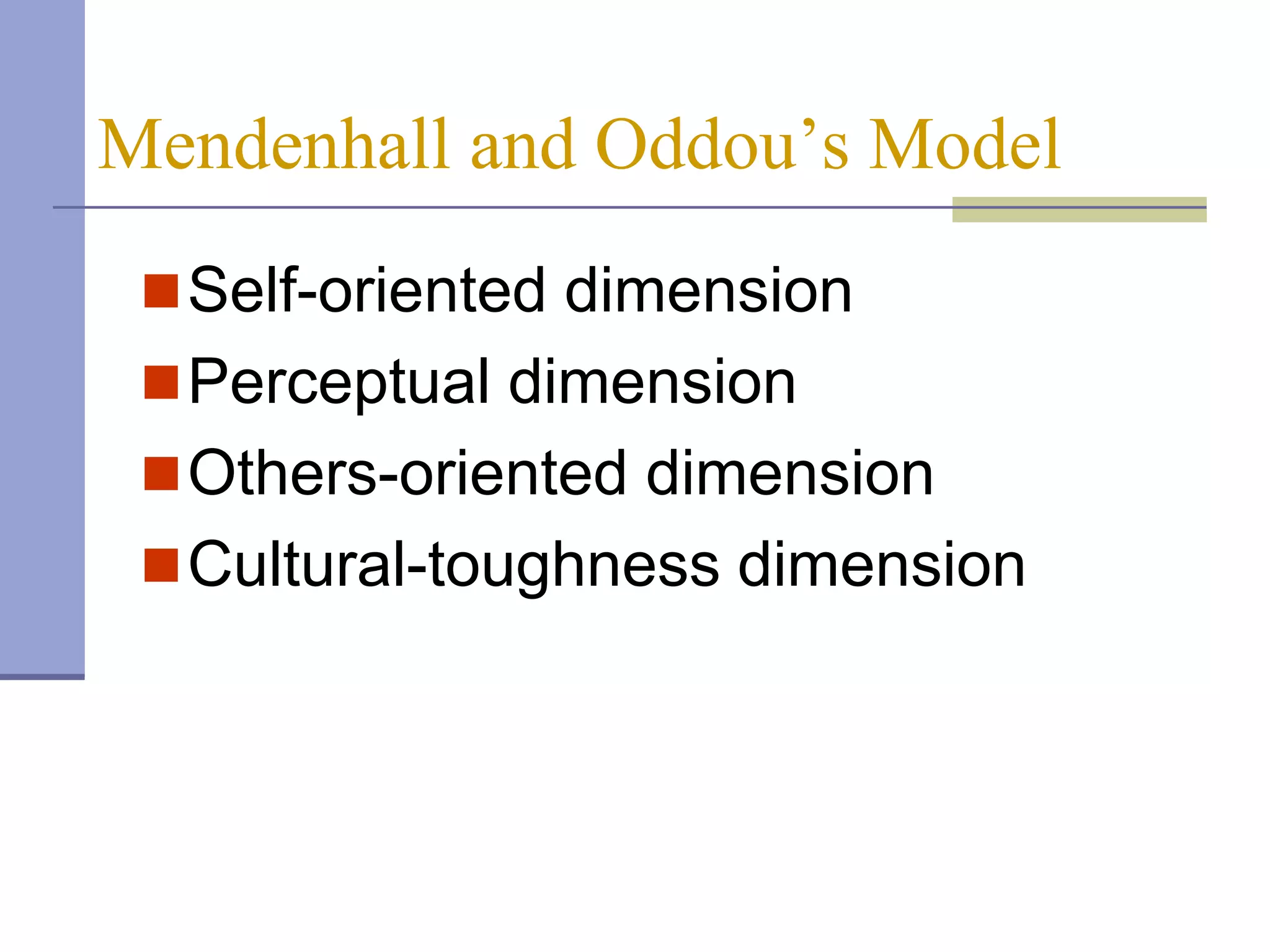 Mendenhall and Oddou’s Model
  Self-oriented dimension
  Perceptual dimension
  Others-oriented dimension
  Cultural-toughness dimension
 