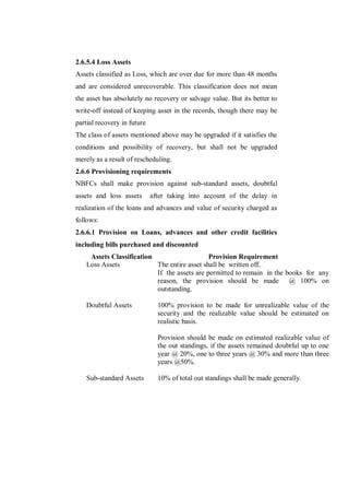 2.6.5.4 Loss Assets
Assets classified as Loss, which are over due for more than 48 months
and are considered unrecoverable. This classification does not mean
the asset has absolutely no recovery or salvage value. But its better to
write-off instead of keeping asset in the records, though there may be
partial recovery in future
The class of assets mentioned above may be upgraded if it satisfies the
conditions and possibility of recovery, but shall not be upgraded
merely as a result of rescheduling.
2.6.6 Provisioning requirements
NBFCs shall make provision against sub-standard assets, doubtful
assets and loss assets       after taking into account of the delay in
realization of the loans and advances and value of security charged as
follows:
2.6.6.1 Provision on Loans, advances and other credit facilities
including bills purchased and discounted
     Assets Classification                    Provision Requirement
    Loss Assets            The entire asset shall be written off.
                           If the assets are permitted to remain in the books for any
                           reason, the provision should be made @ 100% on
                           outstanding.

    Doubtful Assets            100% provision to be made for unrealizable value of the
                               security and the realizable value should be estimated on
                               realistic basis.

                               Provision should be made on estimated realizable value of
                               the out standings, if the assets remained doubtful up to one
                               year @ 20%, one to three years @ 30% and more than three
                               years @50%.

    Sub-standard Assets        10% of total out standings shall be made generally.
 