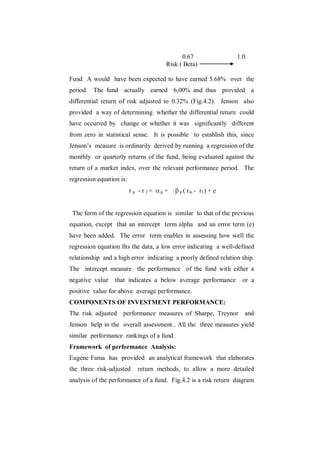 0.67                    1.0
                                         Risk ( Beta)

Fund A would have been expected to have earned 5.68% over the
period. The fund actually earned 6,00% and thus provided a
differential return of risk adjusted to 0.32% (Fig.4.2). Jenson also
provided a way of determining whether the differential return could
have occurred by change or whether it was significantly different
from zero in statistical sense. It is possible to establish this, since
Jenson‟s measure is ordinarily derived by running a regression of the
monthly or quarterly returns of the fund, being evaluated against the
return of a market index, over the relevant performance period. The
regression equation is:
                          r p - r f = p +   /  p ( rm   - rf ) + e


 The form of the regression equation is similar to that of the previous
equation, except that an intercept term alpha and an error term (e)
have been added. The error term enables in assessing how well the
regression equation fits the data, a low error indicating a well-defined
relationship and a high error indicating a poorly defined relation ship.
The intercept measure the performance of the fund with either a
negative value    that indicates a below average performance            or a
positive value for above average performance.
COMPONENTS OF INVESTMENT PERFORMANCE:
The risk adjusted performance measures of Sharpe, Treynor                and
Jenson help in the overall assessment.. All the three measures yield
similar performance rankings of a fund.
Framework of performance Analysis:
Eugene Fama has provided an analytical framework that elaborates
the three risk-adjusted      return methods, to allow a more detailed
analysis of the performance of a fund. Fig.4.2 is a risk return diagram
 