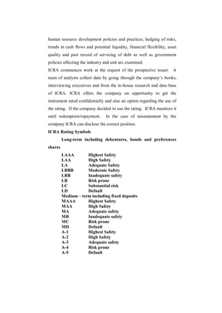 human resource development policies and practices, hedging of risks,
trends in cash flows and potential liquidity, financial flexibility, asset
quality and past record of servicing of debt as well as government
policies affecting the industry and unit arc examined.
ICRA commences work at the request of the prospective issuer. A
team of analysts collect data by going through the company‟s books,
interviewing executives and from the in-house research and data base
of ICRA. ICRA offers the company on opportunity to get the
instrument rated confidentially and also an option regarding the use of
the rating. If the company decided to use the rating. ICRA monitors it
until redemption/repayment.      In the case of misstatement by the
company ICRA can disclose the correct position.
ICRA Rating Symbols
         Long-term including debentures, bonds and preferences
shares
         LAAA        Highest Safety
         LAA         High Safety
         LA          Adequate Safety
         LBBB        Moderate Safety
         LBB         Inadequate safety
         LB          Risk prone
         LC          Substantial risk
         LD          Default
         Medium – term including fixed deposits
         MAAA        Highest Safety
         MAA         High Safety
         MA          Adequate safety
         MB          Inadequate safety
         MC          Risk prone
         MD          Default
         A-1         Highest Safety
         A-2         High Safety
         A-3         Adequate safety
         A-4         Risk prone
         A-5         Default
 