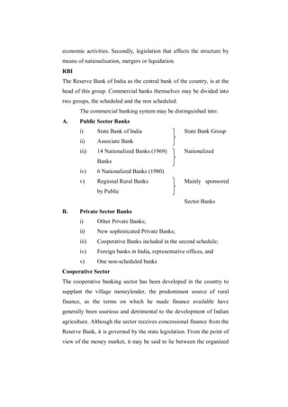 economic activities. Secondly, legislation that affects the structure by
means of nationalisation, mergers or liquidation.
RBI
The Reserve Bank of India as the central bank of the country, is at the
head of this group. Commercial banks themselves may be divided into
two groups, the scheduled and the non scheduled.
       The commercial banking system may be distinguished into:
A.     Public Sector Banks
       i)      State Bank of India                   State Bank Group
       ii)     Associate Bank
       iii)    14 Nationalized Banks (1969)          Nationalized
               Banks
       iv)     6 Nationalized Banks (1980)
       v)      Regional Rural Banks                  Mainly sponsored
               by Public
                                                     Sector Banks
B.     Private Sector Banks
       i)      Other Private Banks;
       ii)     New sophisticated Private Banks;
       iii)    Cooperative Banks included in the second schedule;
       iv)     Foreign banks in India, representative offices, and
       v)      One non-scheduled banks
Cooperative Sector
The cooperative banking sector has been developed in the country to
supplant the village moneylender, the predominant source of rural
finance, as the terms on which he made finance available have
generally been usurious and detrimental to the development of Indian
agriculture. Although the sector receives concessional finance from the
Reserve Bank, it is governed by the state legislation. From the point of
view of the money market, it may be said to lie between the organized
 