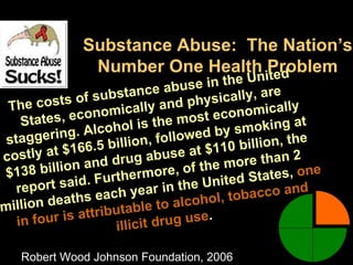 Substance Abuse: The Nation’s
                  Number One Health iProblem
                                     ted
                                             e  in the Un
                f substa         nce abus         i cally, are
 Th  e costs o                        and phys
                  nomically                          onomically
    S tates, eco hol is the most ec                                t
                  lc  o                               s moking a
 st ag gering. A                       l lowed by
                      billion, fo                       illion, the
         at $166.5                          at $110 b
costly                 d  rug abuse he more than 2
$138 b   illion and               more, of
                                              t
                          her                               ates, one
   report   said. Furt                      e  United St
                   each        year in th             obacco an
                                                                  d
millio n deaths                          alcohol, t
                   ri butable to
   in f our is att                   drug use.
                        i l l i ci t

    Robert Wood Johnson Foundation, 2006
 