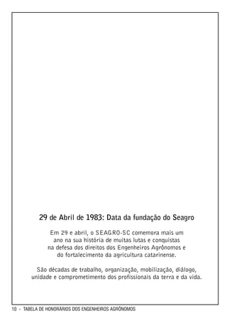 29 de Abril de 1983: Data da fundação do Seagro

               Em 29 e abril, o SEAGRO-SC comemora mais um
                ano na sua história de muitas lutas e conquistas
              na defesa dos direitos dos Engenheiros Agrônomos e
                 do fortalecimento da agricultura catarinense.

          São décadas de trabalho, organização, mobilização, diálogo,
        unidade e comprometimento dos profissionais da terra e da vida.




10 - TABELA DE HONORÁRIOS DOS ENGENHEIROS AGRÔNOMOS
 