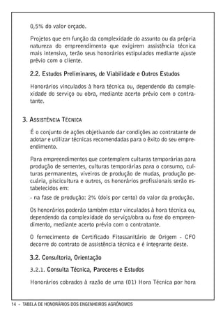 0,5% do valor orçado.

       Projetos que em função da complexidade do assunto ou da própria
       natureza do empreendimento que exigirem assistência técnica
       mais intensiva, terão seus honorários estipulados mediante ajuste
       prévio com o cliente.

       2.2. Estudos Preliminares, de Viabilidade e Outros Estudos

       Honorários vinculados à hora técnica ou, dependendo da comple-
       xidade do serviço ou obra, mediante acerto prévio com o contra-
       tante.


    3. ASSISTÊNCIA TÉCNICA
       É o conjunto de ações objetivando dar condições ao contratante de
       adotar e utilizar técnicas recomendadas para o êxito do seu empre-
       endimento.

       Para empreendimentos que contemplem culturas temporárias para
       produção de sementes, culturas temporárias para o consumo, cul-
       turas permanentes, viveiros de produção de mudas, produção pe-
       cuária, piscicultura e outros, os honorários profissionais serão es-
       tabelecidos em:
       - na fase de produção: 2% (dois por cento) do valor da produção.

       Os honorários poderão também estar vinculados à hora técnica ou,
       dependendo da complexidade do serviço/obra ou fase do empreen-
       dimento, mediante acerto prévio com o contratante.

       O fornecimento de Certificado Fitossanitário de Origem - CFO
       decorre do contrato de assistência técnica e é integrante deste.

       3.2. Consultoria, Orientação
       3.2.1. Consulta Técnica, Pareceres e Estudos

       Honorários cobrados à razão de uma (01) Hora Técnica por hora


14 - TABELA DE HONORÁRIOS DOS ENGENHEIROS AGRÔNOMOS
 