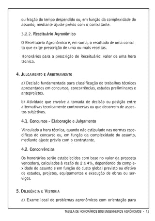 ou fração do tempo despendido ou, em função da complexidade do
  assunto, mediante ajuste prévio com o contratante.

  3.2.2. Receituário Agronômico

  O Receituário Agronômico é, em suma, o resultado de uma consul-
  ta que exige prescrição de uma ou mais receitas.

  Honorários para a prescrição de Receituário: valor de uma hora
  técnica.


4. JULGAMENTO E ARBITRAMENTO
  a) Decisão fundamentada para classificação de trabalhos técnicos
  apresentados em concursos, concorrências, estudos preliminares e
  anteprojetos.

  b) Atividade que envolve a tomada de decisão ou posição entre
  alternativas tecnicamente controversas ou que decorrem de aspec-
  tos subjetivos.

  4.1. Concursos - Elaboração e Julgamento

  Vinculado a hora técnica, quando não estipulado nas normas espe-
  cificas do concurso ou, em função da complexidade do assunto,
  mediante ajuste prévio com o contratante.

  4.2. Concorrências

  Os honorários serão estabelecidos com base no valor da proposta
  vencedora, calculados à razão de 2 a 4%, dependendo da comple-
  xidade do assunto e em função do custo global previsto ou efetivo
  de estudos, projetos, equipamentos e execução de obras ou ser-
  viços.


5. DILIGÊNCIA E VISTORIA
  a) Exame local de problemas agronômicos com orientação para

                           TABELA DE HONORÁRIOS DOS ENGENHEIROS AGRÔNOMOS - 15
 