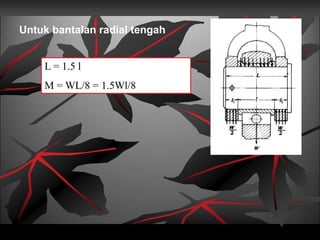 Untuk bantalan radial tengah
L = 1.5 l
M = WL/8 = 1.5Wl/8
 