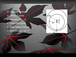 D : diameter bantalan
d : diameter poros
c : clearance (D – d)
e : jarak antar pusat
h : tebal selaput minyak
 : eksentrisitas = 2e / c
 
