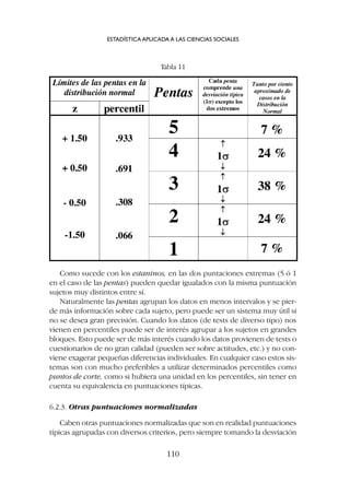 Como sucede con los estaninos, en las dos puntaciones extremas (5 ó 1
en el caso de las pentas) pueden quedar igualados con la misma puntuación
sujetos muy distintos entre sí.
Naturalmente las pentas agrupan los datos en menos intervalos y se pier-
de más información sobre cada sujeto, pero puede ser un sistema muy útil si
no se desea gran precisión. Cuando los datos (de tests de diverso tipo) nos
vienen en percentiles puede ser de interés agrupar a los sujetos en grandes
bloques. Esto puede ser de más interés cuando los datos provienen de tests o
cuestionarios de no gran calidad (pueden ser sobre actitudes, etc.) y no con-
viene exagerar pequeñas diferencias individuales. En cualquier caso estos sis-
temas son con mucho preferibles a utilizar determinados percentiles como
puntos de corte, como si hubiera una unidad en los percentiles, sin tener en
cuenta su equivalencia en puntuaciones típicas.
6.2.3. Otras puntuaciones normalizadas
Caben otras puntuaciones normalizadas que son en realidad puntuaciones
típicas agrupadas con diversos criterios, pero siempre tomando la desviación
ESTADÍSTICA APLICADA A LAS CIENCIAS SOCIALES
110
Tabla 11
 