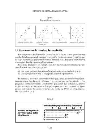 1.3. Otras maneras de visualizar la correlación
Los diagramas de dispersión (como los de la figura 1) nos permiten ver
con facilidad qué entendemos por correlación (o simplemente relación), pe-
ro otras maneras de presentar los datos también son útiles para visualizar y
comunicar la relación entre dos variables.
En la tabla 2 tenemos un ejemplo real. Los mismos alumnos han respondi-
do a dos series de cinco preguntas:
a) cinco preguntas sobre datos dicotómicos (respuestas1 ó 0; p y q)
b) cinco preguntas sobre la interpretación de los percentiles.
En la tabla 2 podemos ver con facilidad que a mayor número de respues-
tas correctas sobre datos dicotómicos corresponde una media más alta en las
preguntas sobre percentiles. Los alumnos que saben más y menos de ambos
temas, tienden a ser los mismos (los que responden correctamente las 5 pre-
guntas sobre datos dicotómicos tienen una media de 3.9 en las preguntas so-
bre percentiles, etc.) .
CONCEPTO DE CORRELACIÓNYCOVARIANZA
121
Tabla 2
Figura 1
DIAGRAMAS DE DISPERSIÓN
Y Y Y Y
X X X X
relación positiva alta relación positiva
moderna
relación negativa alta ausencia de relación
 