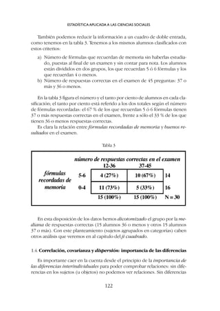 También podemos reducir la información a un cuadro de doble entrada,
como tenemos en la tabla 3. Tenemos a los mismos alumnos clasificados con
estos criterios:
a) Número de fórmulas que recuerdan de memoria sin haberlas estudia-
do, puestas al final de un examen y sin contar para nota. Los alumnos
están divididos en dos grupos, los que recuerdan 5 ó 6 fórmulas y los
que recuerdan 4 o menos.
b) Número de respuestas correctas en el examen de 45 preguntas: 37 o
más y 36 o menos.
En la tabla 3 figura el número y el tanto por ciento de alumnos en cada cla-
sificación; el tanto por ciento está referido a los dos totales según el número
de fórmulas recordadas: el 67 % de los que recuerdan 5 ó 6 fórmulas tienen
37 o más respuestas correctas en el examen, frente a sólo el 33 % de los que
tienen 36 o menos respuestas correctas.
Es clara la relación entre fórmulas recordadas de memoria y buenos re-
sultados en el examen.
ESTADÍSTICA APLICADA A LAS CIENCIAS SOCIALES
122
Tabla 3
En esta disposición de los datos hemos dicotomizado el grupo por la me-
diana de respuestas correctas (15 alumnos 36 o menos y otros 15 alumnos
37 o más). Con este planteamiento (sujetos agrupados en categorías) caben
otros análisis que veremos en al capítulo del ji cuadrado.
1.4. Correlación, covarianza y dispersión: importancia de las diferencias
Es importante caer en la cuenta desde el principio de la importancia de
las diferencias interindividuales para poder comprobar relaciones: sin dife-
rencias en los sujetos (u objetos) no podemos ver relaciones. Sin diferencias
 